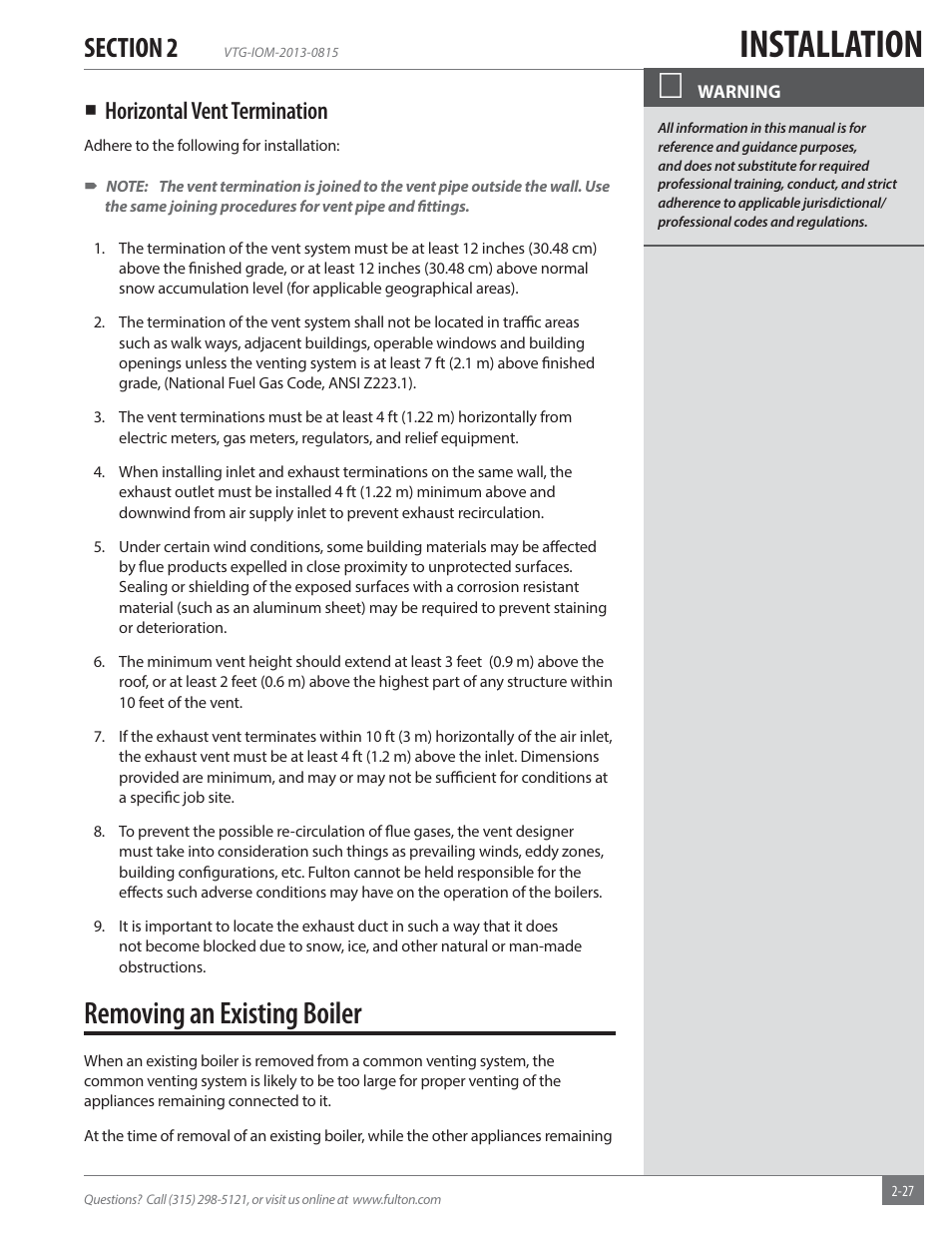 Installation, Removing an existing boiler, Horizontal vent termination | Fulton Vantage (VTG) Fully Condensing Hydronic Boiler User Manual | Page 33 / 96