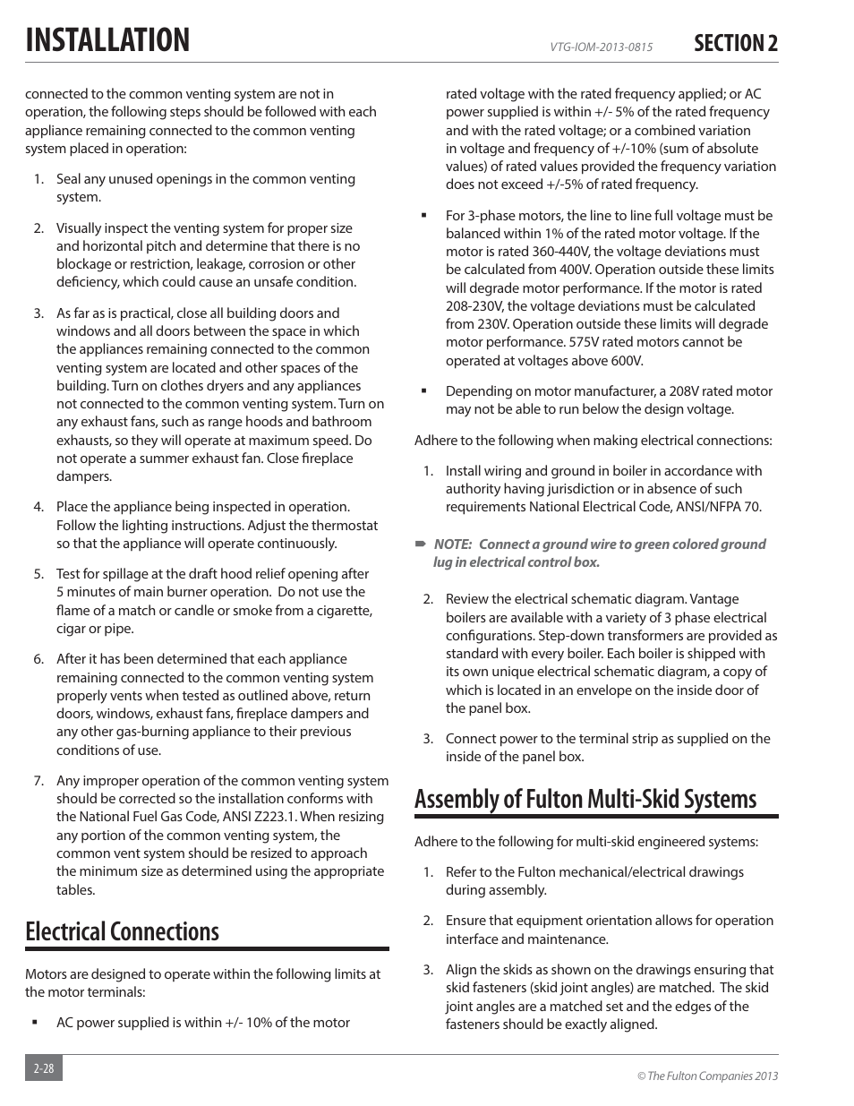 Installation, Electrical connections, Assembly of fulton multi-skid systems | Fulton Vantage (VTG) Fully Condensing Hydronic Boiler User Manual | Page 34 / 96