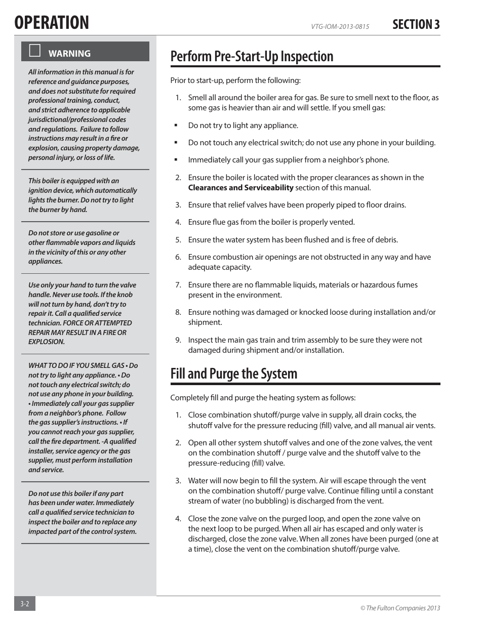 Operation, Perform pre-start-up inspection, Fill and purge the system | Fulton Vantage (VTG) Fully Condensing Hydronic Boiler User Manual | Page 38 / 96