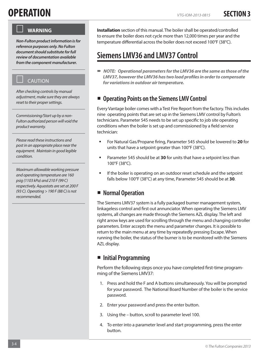 Operation, Siemens lmv36 and lmv37 control, Operating points on the siemens lmv control | Normal operation, Initial programming | Fulton Vantage (VTG) Fully Condensing Hydronic Boiler User Manual | Page 40 / 96