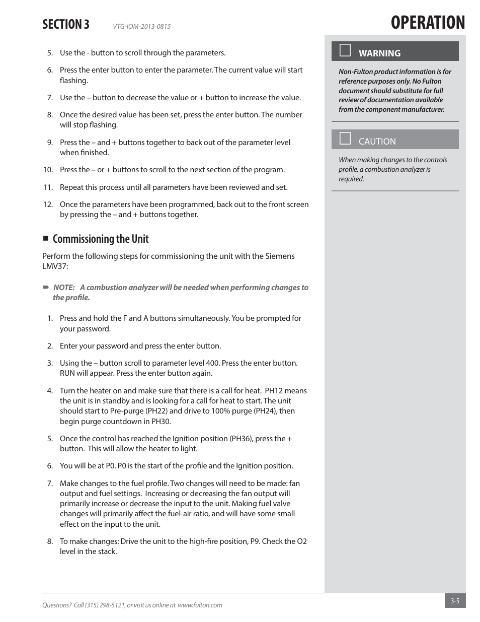 Operation, Commissioning the unit | Fulton Vantage (VTG) Fully Condensing Hydronic Boiler User Manual | Page 41 / 96