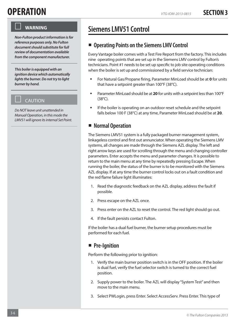 Operation, Siemens lmv51 control, Operating points on the siemens lmv control | Normal operation, Pre-ignition | Fulton Vantage (VTG) Fully Condensing Hydronic Boiler User Manual | Page 42 / 96