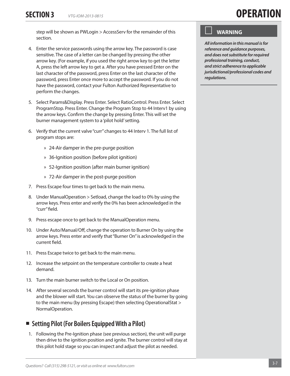 Operation, Setting pilot (for boilers equipped with a pilot) | Fulton Vantage (VTG) Fully Condensing Hydronic Boiler User Manual | Page 43 / 96