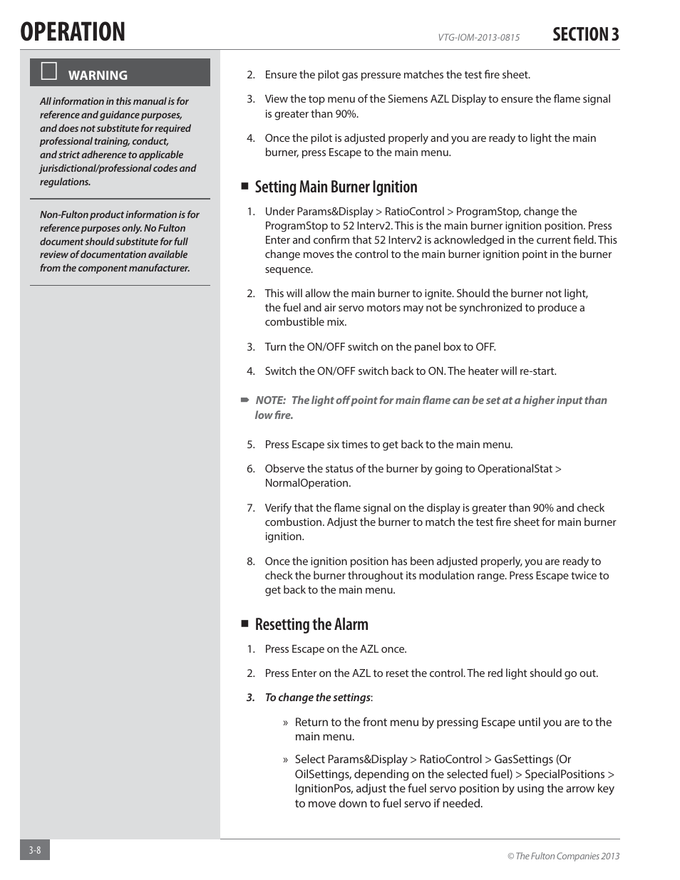 Operation, Setting main burner ignition, Resetting the alarm | Fulton Vantage (VTG) Fully Condensing Hydronic Boiler User Manual | Page 44 / 96