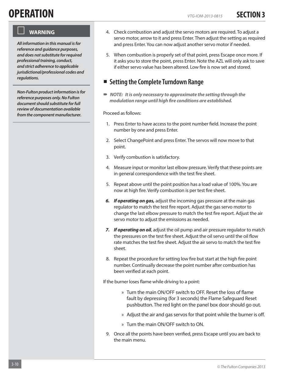 Operation, Setting the complete turndown range | Fulton Vantage (VTG) Fully Condensing Hydronic Boiler User Manual | Page 46 / 96