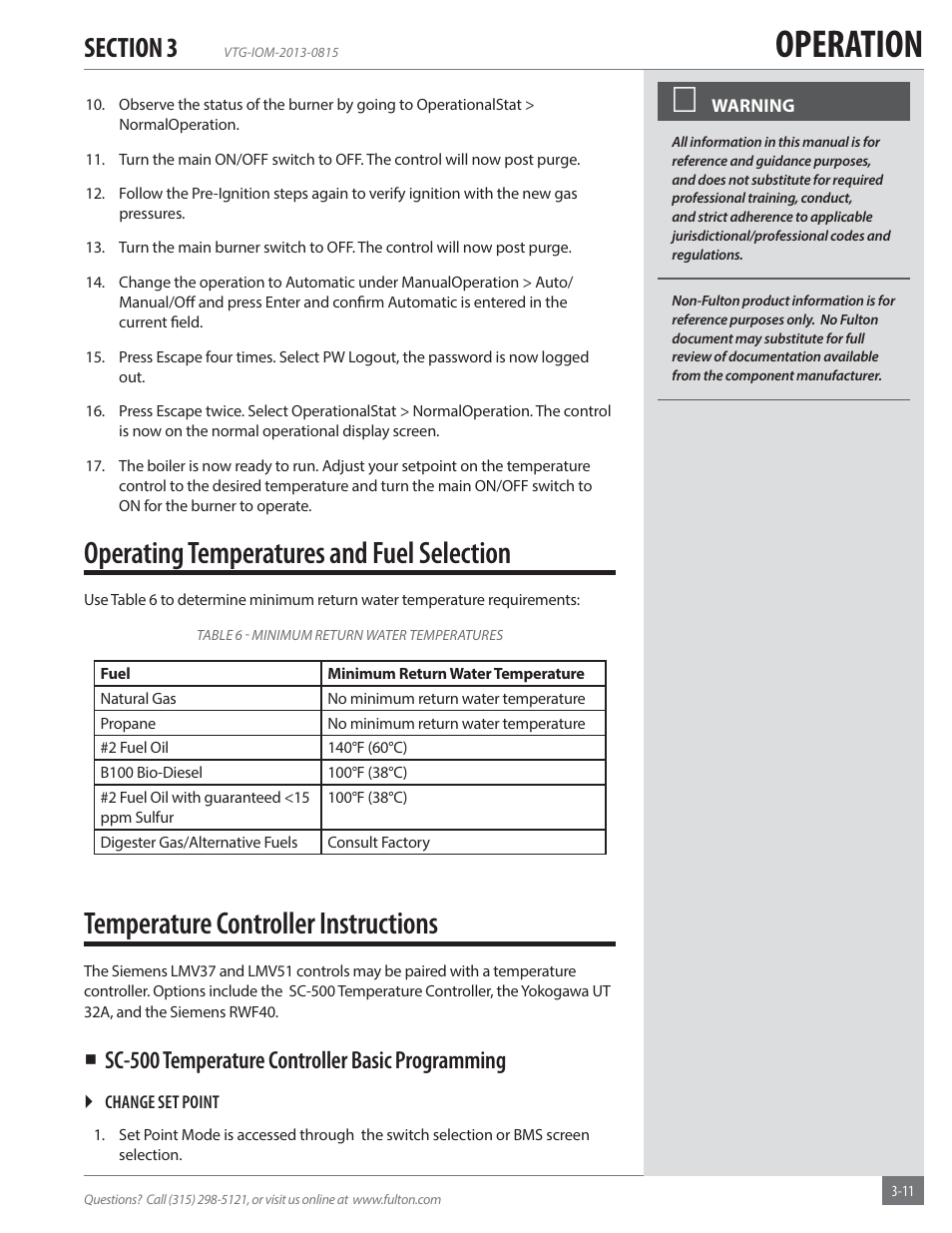 Operation, Operating temperatures and fuel selection, Temperature controller instructions | Sc-500 temperature controller basic programming | Fulton Vantage (VTG) Fully Condensing Hydronic Boiler User Manual | Page 47 / 96