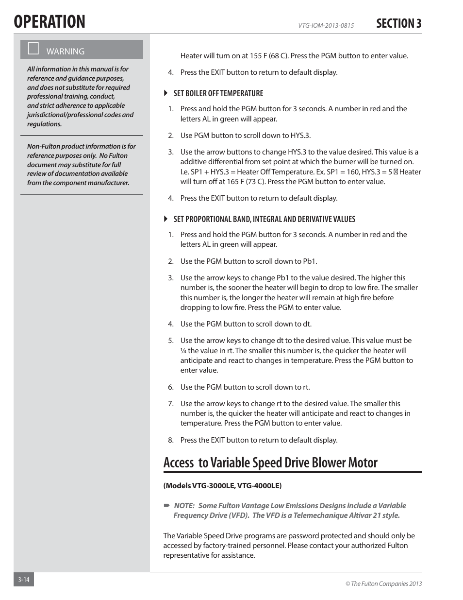 Operation, Access to variable speed drive blower motor | Fulton Vantage (VTG) Fully Condensing Hydronic Boiler User Manual | Page 50 / 96