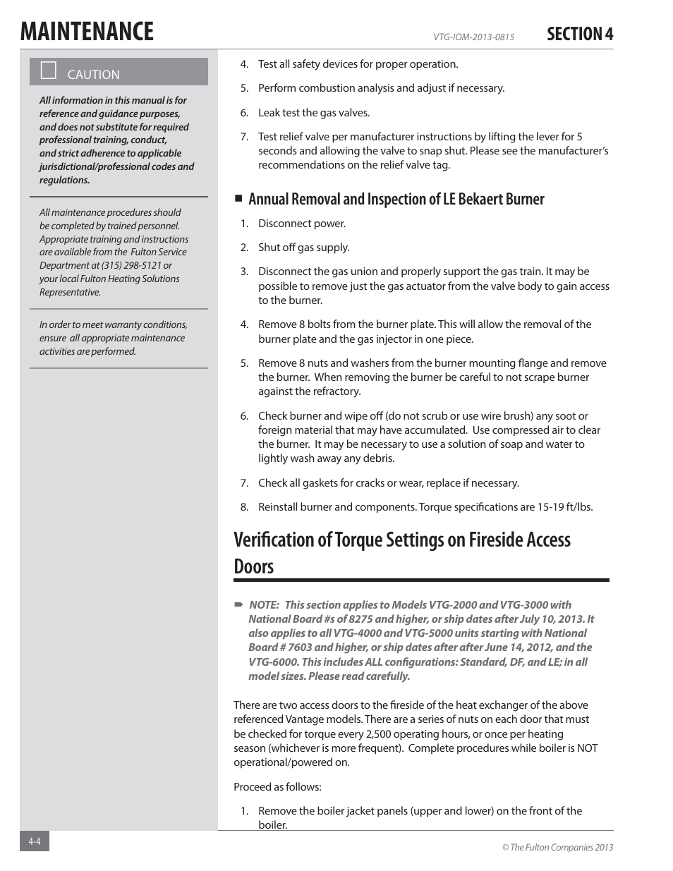 Maintenance, Annual removal and inspection of le bekaert burner | Fulton Vantage (VTG) Fully Condensing Hydronic Boiler User Manual | Page 56 / 96