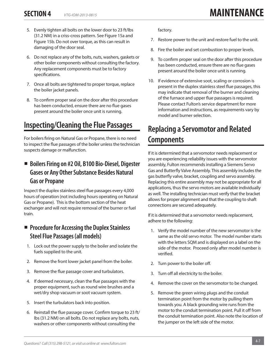 Maintenance, Inspecting/cleaning the flue passages, Replacing a servomotor and related components | Fulton Vantage (VTG) Fully Condensing Hydronic Boiler User Manual | Page 59 / 96