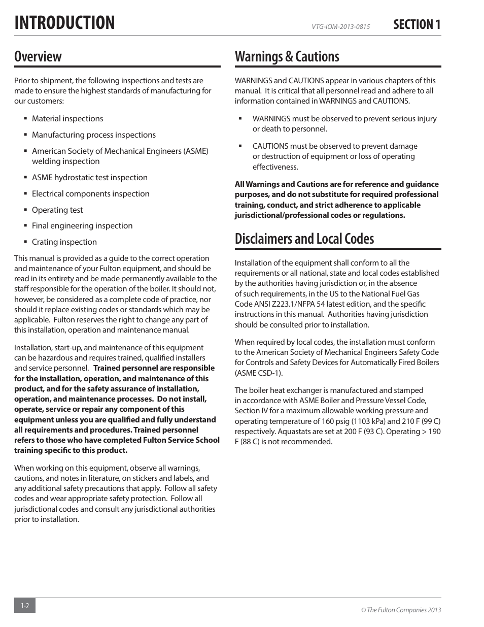 Introduction, Overview, Warnings & cautions | Disclaimers and local codes | Fulton Vantage (VTG) Fully Condensing Hydronic Boiler User Manual | Page 6 / 96