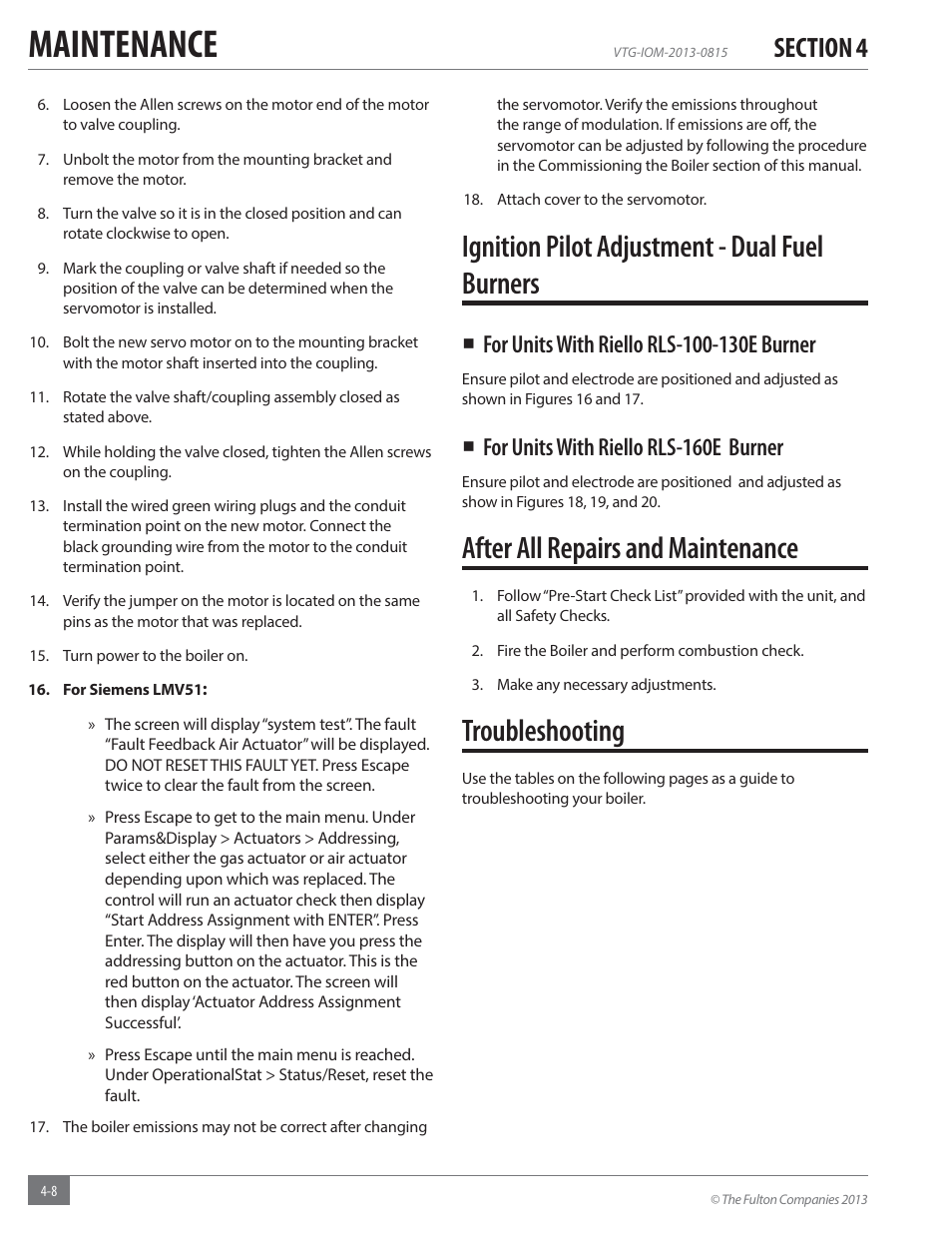 Maintenance, Ignition pilot adjustment - dual fuel burners, After all repairs and maintenance | Troubleshooting, For units with riello rls-160e burner | Fulton Vantage (VTG) Fully Condensing Hydronic Boiler User Manual | Page 60 / 96