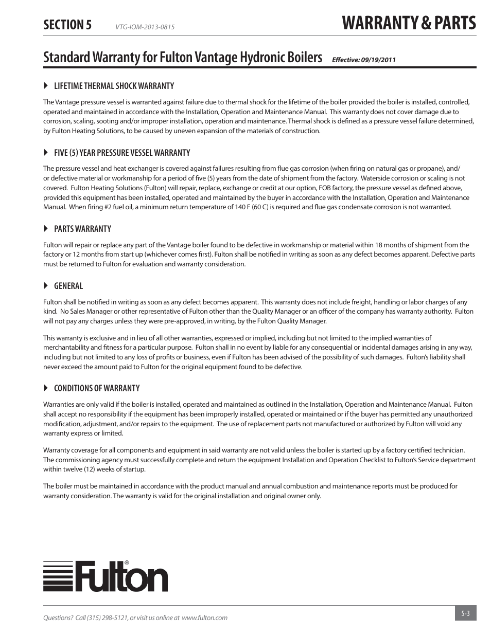 Warranty & parts | Fulton Vantage (VTG) Fully Condensing Hydronic Boiler User Manual | Page 67 / 96
