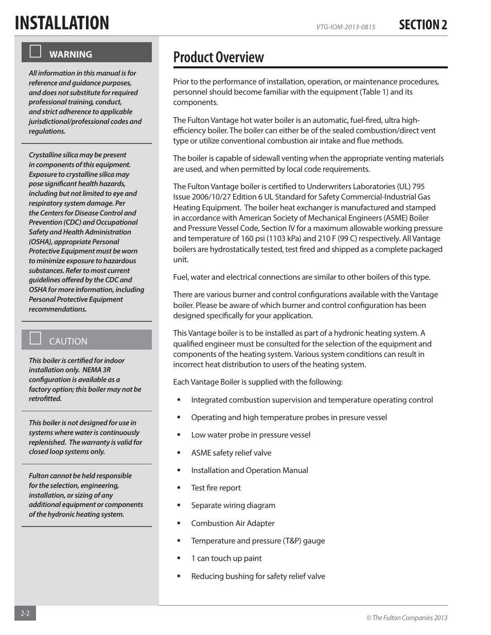 Installation, Product overview | Fulton Vantage (VTG) Fully Condensing Hydronic Boiler User Manual | Page 8 / 96