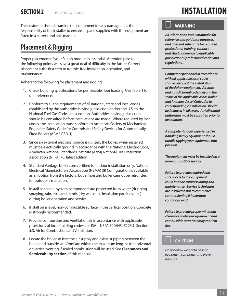 Installation, Placement & rigging | Fulton Vantage (VTG) Fully Condensing Hydronic Boiler User Manual | Page 9 / 96