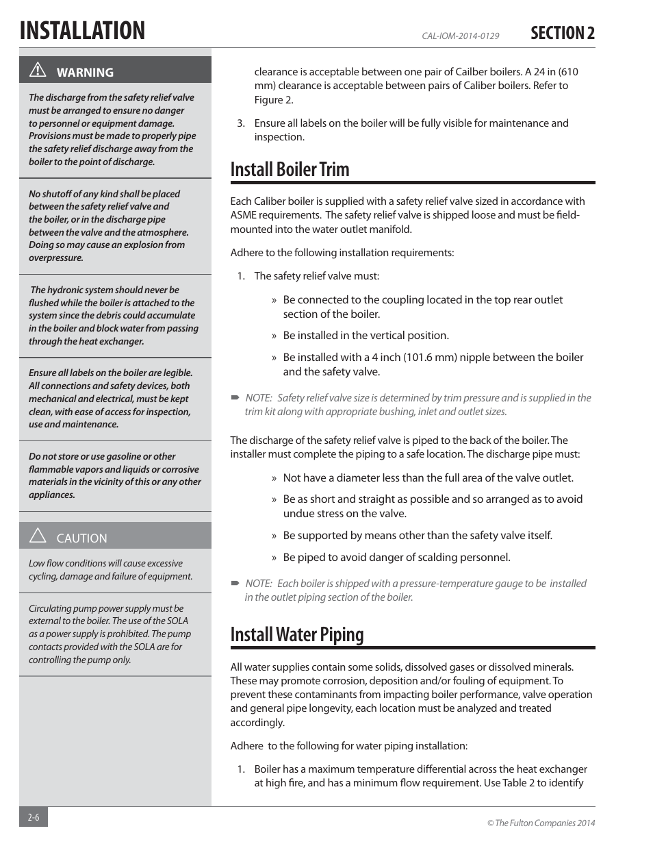 Installation, Install boiler trim, Install water piping | Fulton Caliber (CAL) Condensing Hydronic Boiler User Manual | Page 12 / 60