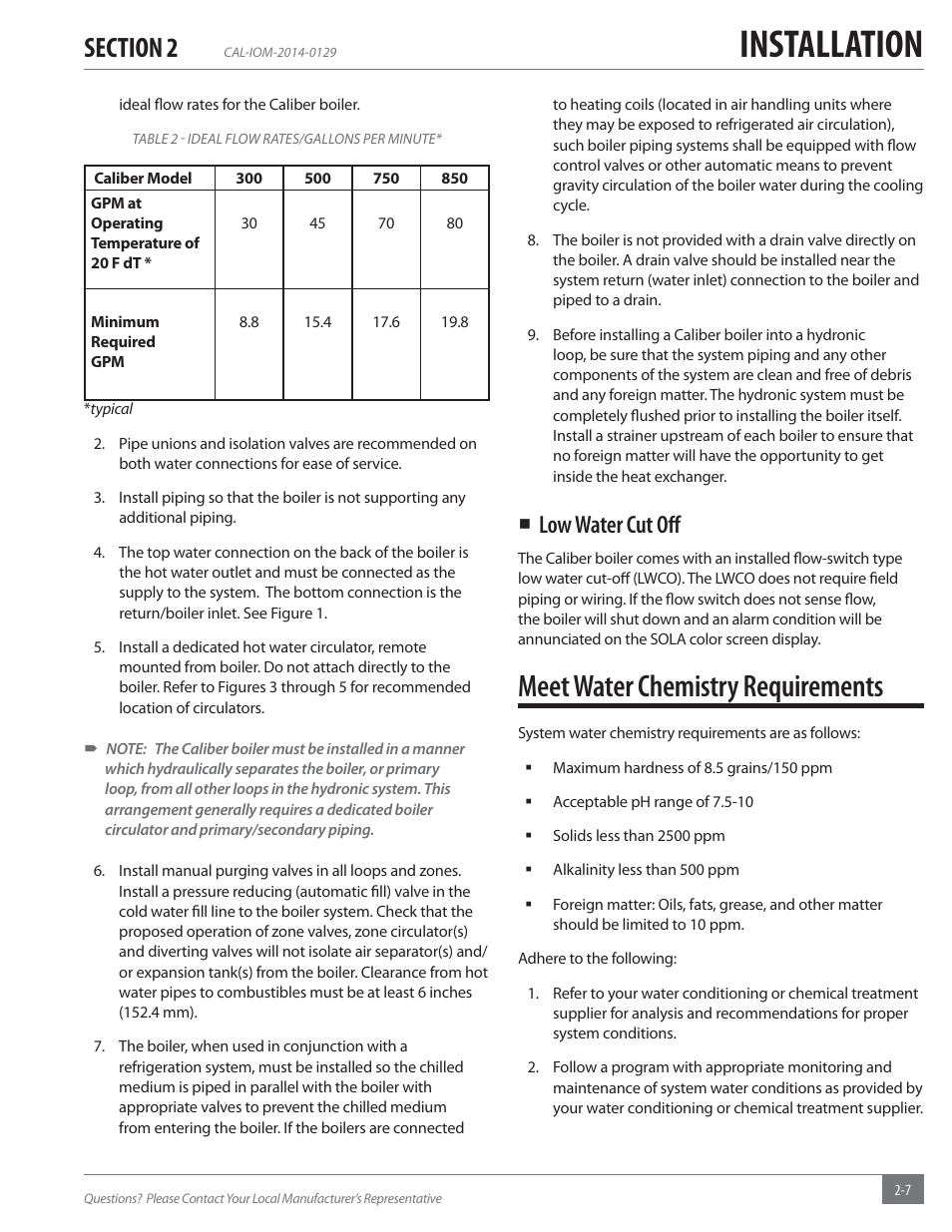 Installation, Meet water chemistry requirements, Low water cut oﬀ | Fulton Caliber (CAL) Condensing Hydronic Boiler User Manual | Page 13 / 60