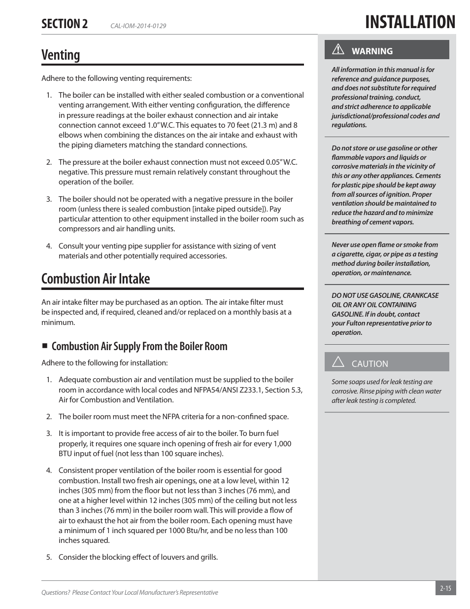 Installation, Venting, Combustion air intake | Combustion air supply from the boiler room | Fulton Caliber (CAL) Condensing Hydronic Boiler User Manual | Page 21 / 60