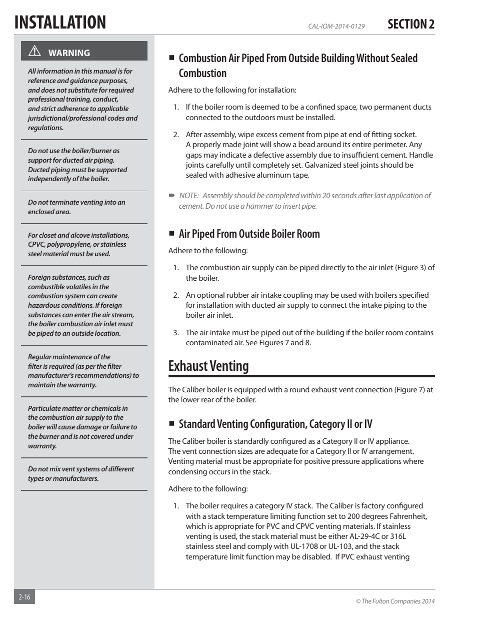 Installation, Exhaust venting, Air piped from outside boiler room | Standard venting conﬁ guration, category ii or iv | Fulton Caliber (CAL) Condensing Hydronic Boiler User Manual | Page 22 / 60