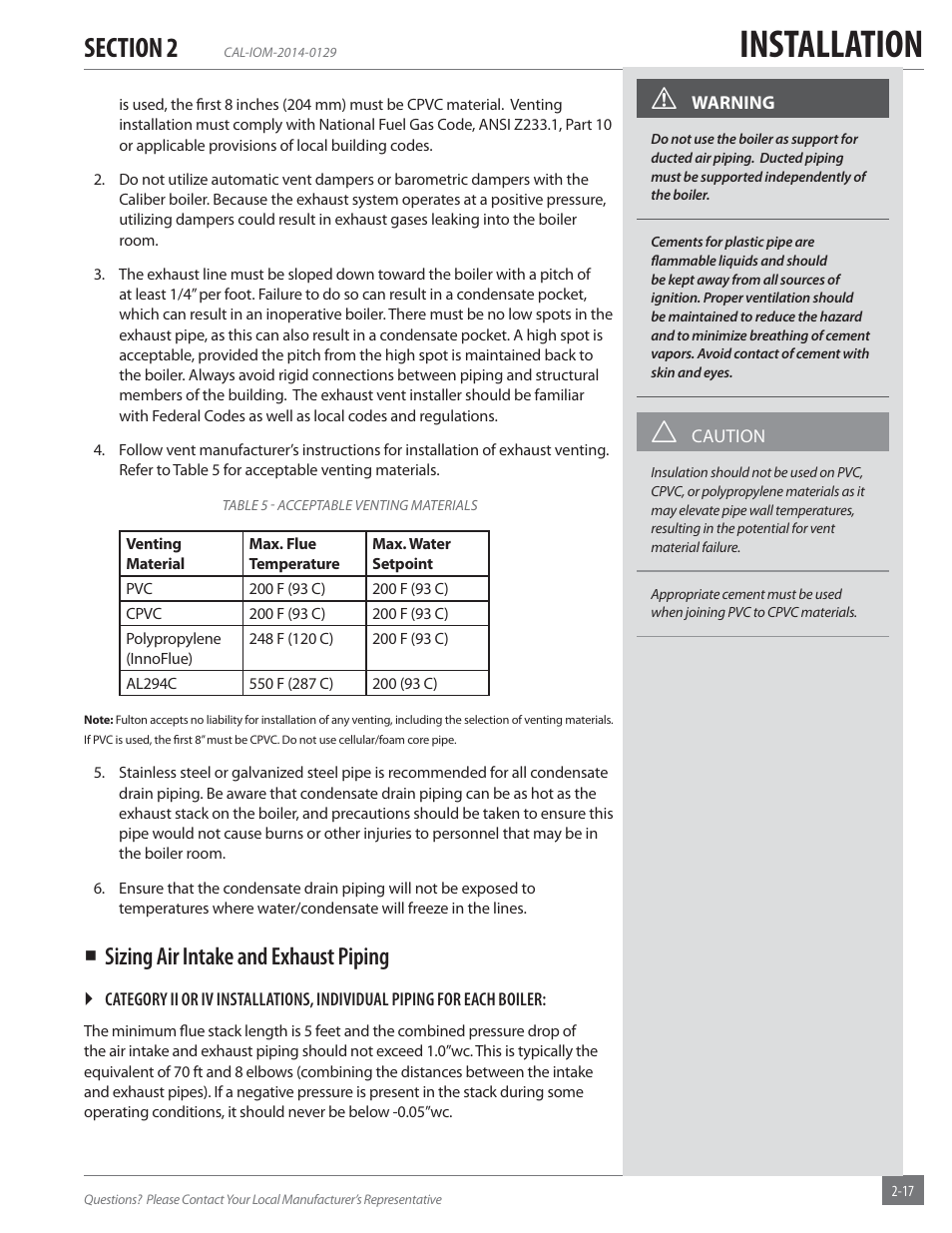 Installation, Sizing air intake and exhaust piping | Fulton Caliber (CAL) Condensing Hydronic Boiler User Manual | Page 23 / 60