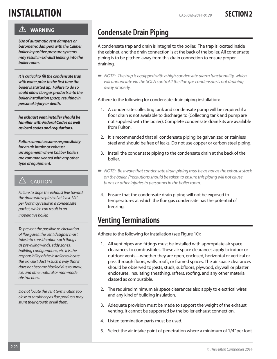 Installation, Condensate drain piping, Venting terminations | Fulton Caliber (CAL) Condensing Hydronic Boiler User Manual | Page 26 / 60