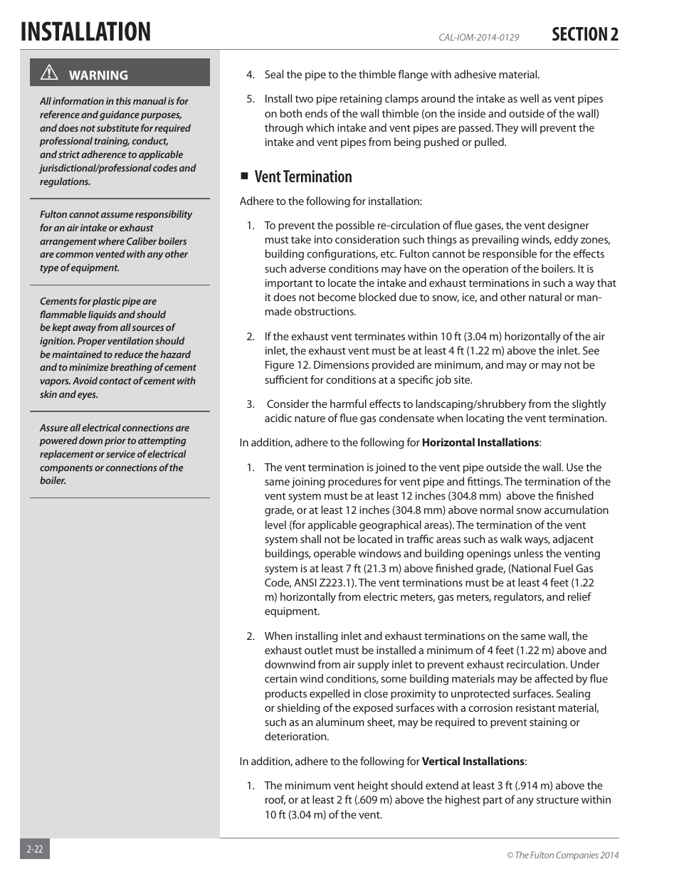 Installation, Vent termination | Fulton Caliber (CAL) Condensing Hydronic Boiler User Manual | Page 28 / 60