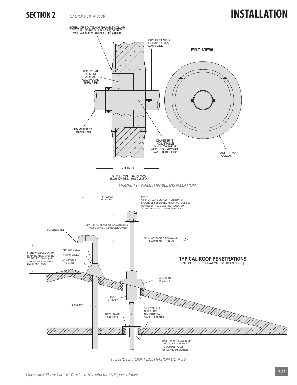 Installation, End view, Typical roof penetrations | Figure 11 - wall thimble installation, Figure 12- roof penetration details | Fulton Caliber (CAL) Condensing Hydronic Boiler User Manual | Page 29 / 60