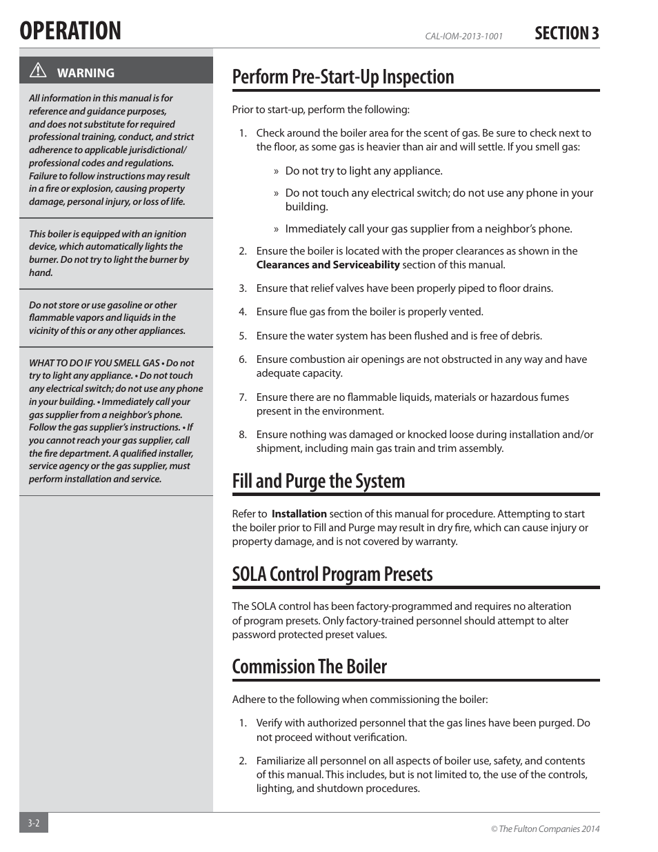 Operation, Perform pre-start-up inspection, Fill and purge the system | Sola control program presets, Commission the boiler | Fulton Caliber (CAL) Condensing Hydronic Boiler User Manual | Page 36 / 60