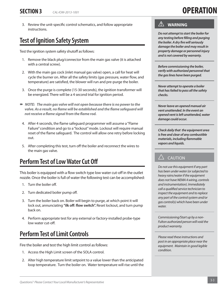 Operation, Test of ignition safety system, Perform test of low water cut oﬀ | Perform test of limit controls | Fulton Caliber (CAL) Condensing Hydronic Boiler User Manual | Page 37 / 60