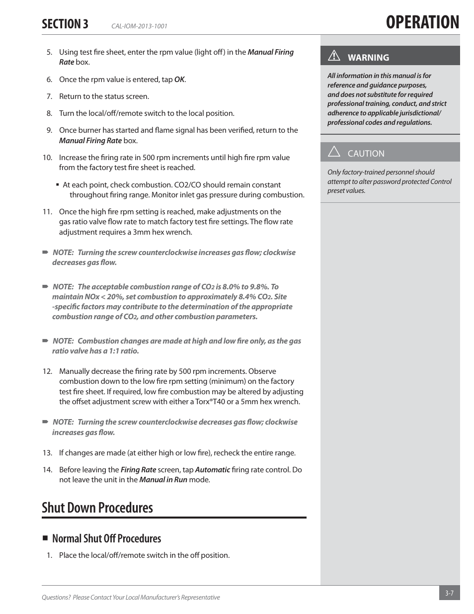 Operation, Shut down procedures, Normal shut oﬀ procedures | Fulton Caliber (CAL) Condensing Hydronic Boiler User Manual | Page 41 / 60