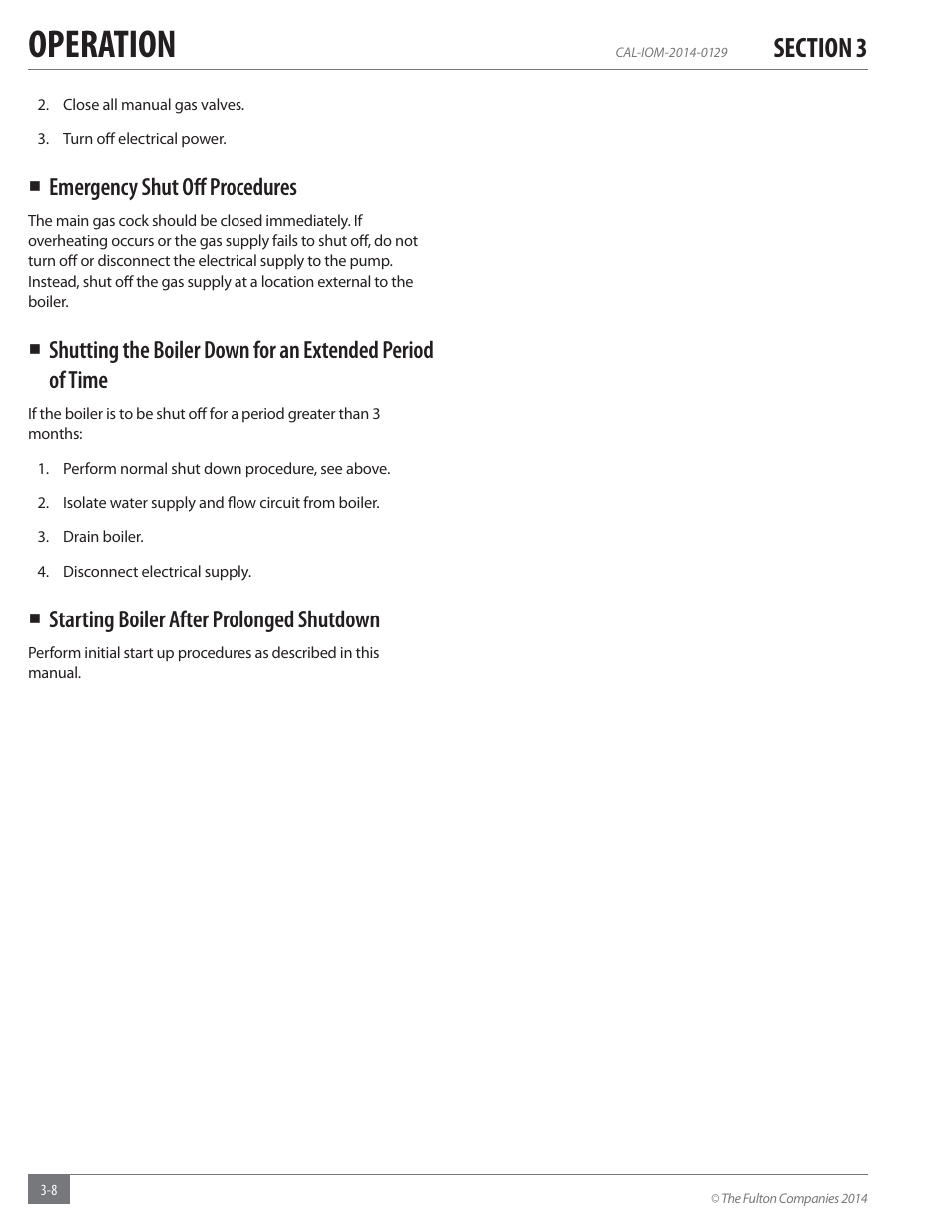 Operation, Emergency shut oﬀ procedures, Starting boiler after prolonged shutdown | Fulton Caliber (CAL) Condensing Hydronic Boiler User Manual | Page 42 / 60