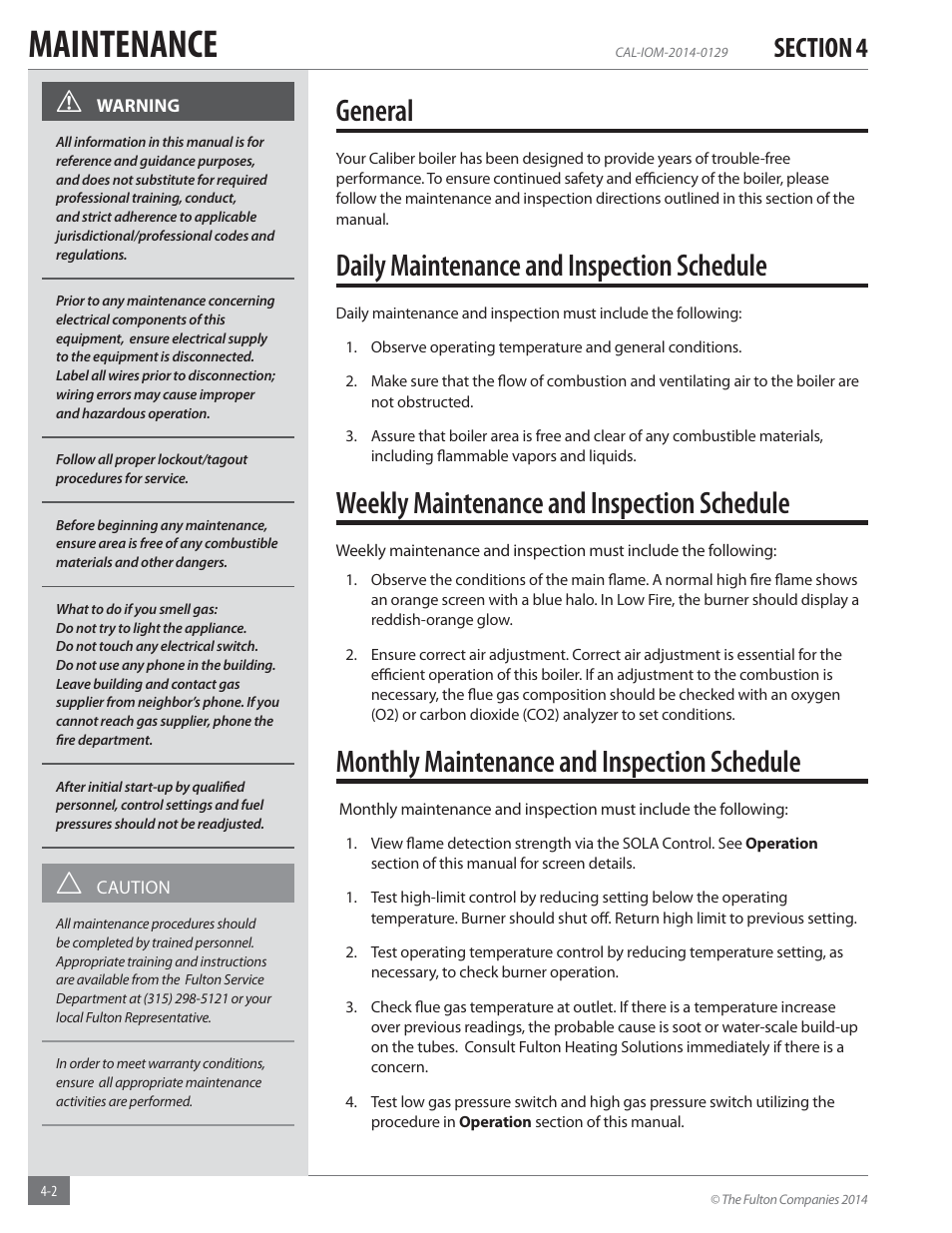 Maintenance, General, Daily maintenance and inspection schedule | Weekly maintenance and inspection schedule, Monthly maintenance and inspection schedule | Fulton Caliber (CAL) Condensing Hydronic Boiler User Manual | Page 46 / 60