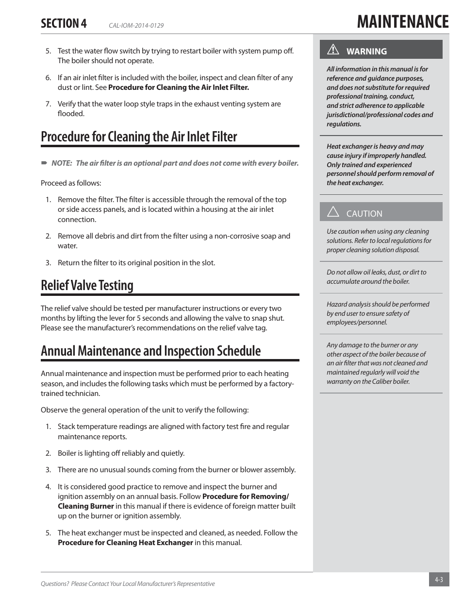 Maintenance, Procedure for cleaning the air inlet filter, Relief valve testing | Annual maintenance and inspection schedule | Fulton Caliber (CAL) Condensing Hydronic Boiler User Manual | Page 47 / 60