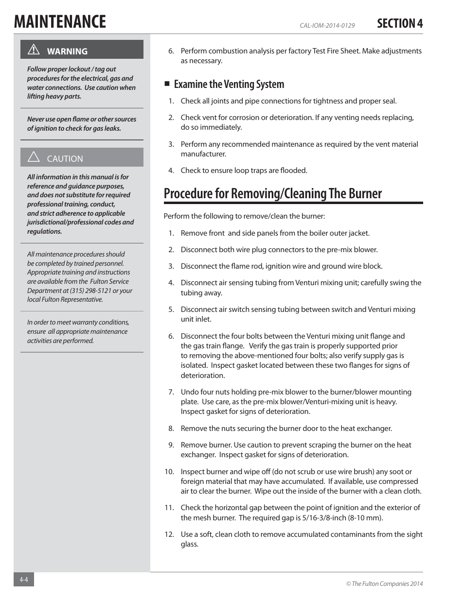 Maintenance, Procedure for removing/cleaning the burner, Examine the venting system | Fulton Caliber (CAL) Condensing Hydronic Boiler User Manual | Page 48 / 60