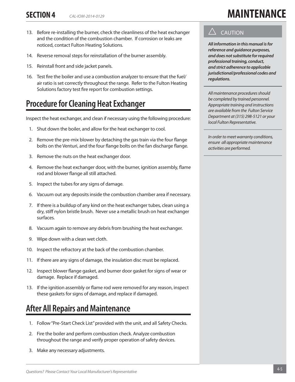 Maintenance, Procedure for cleaning heat exchanger, After all repairs and maintenance | Fulton Caliber (CAL) Condensing Hydronic Boiler User Manual | Page 49 / 60