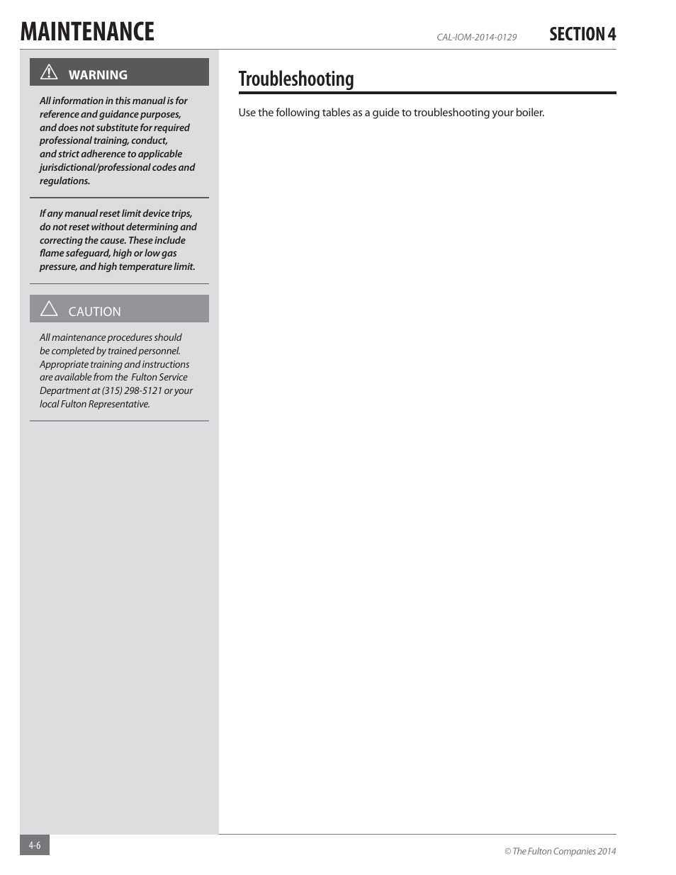 Maintenance, Troubleshooting | Fulton Caliber (CAL) Condensing Hydronic Boiler User Manual | Page 50 / 60