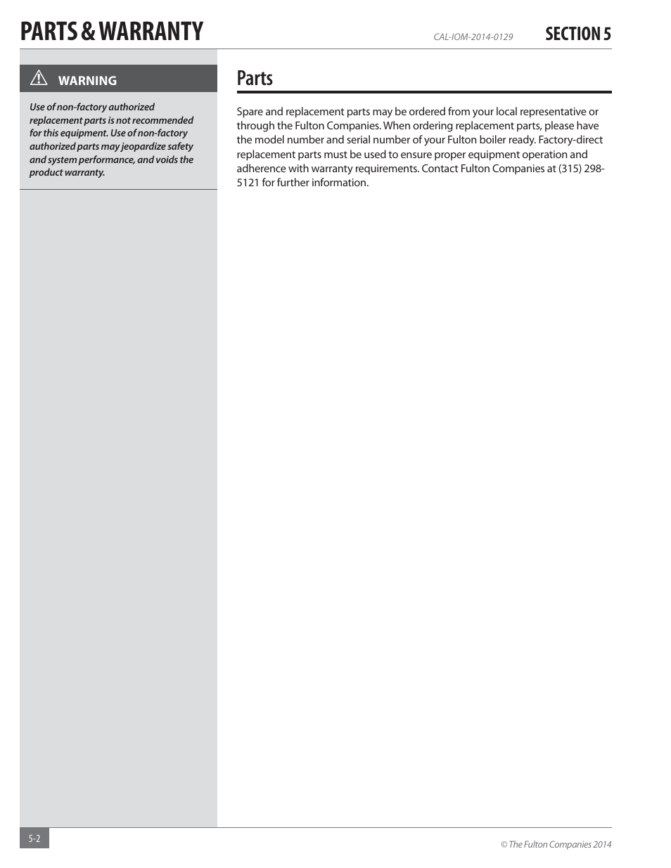 Parts & warranty, Parts | Fulton Caliber (CAL) Condensing Hydronic Boiler User Manual | Page 54 / 60