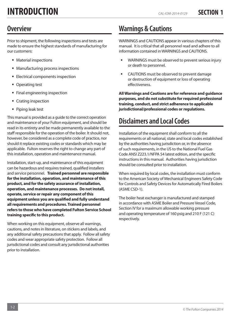 Introduction, Overview, Warnings & cautions | Disclaimers and local codes | Fulton Caliber (CAL) Condensing Hydronic Boiler User Manual | Page 6 / 60