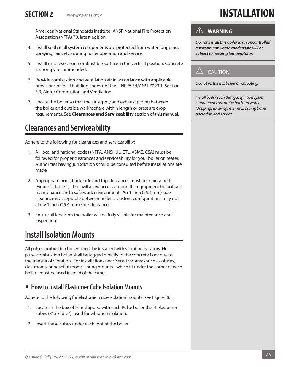 Installation, Clearances and serviceability, Install isolation mounts | How to install elastomer cube isolation mounts | Fulton Pulse HW (PHW) Fully Condensing Hydronic Boiler User Manual | Page 11 / 84
