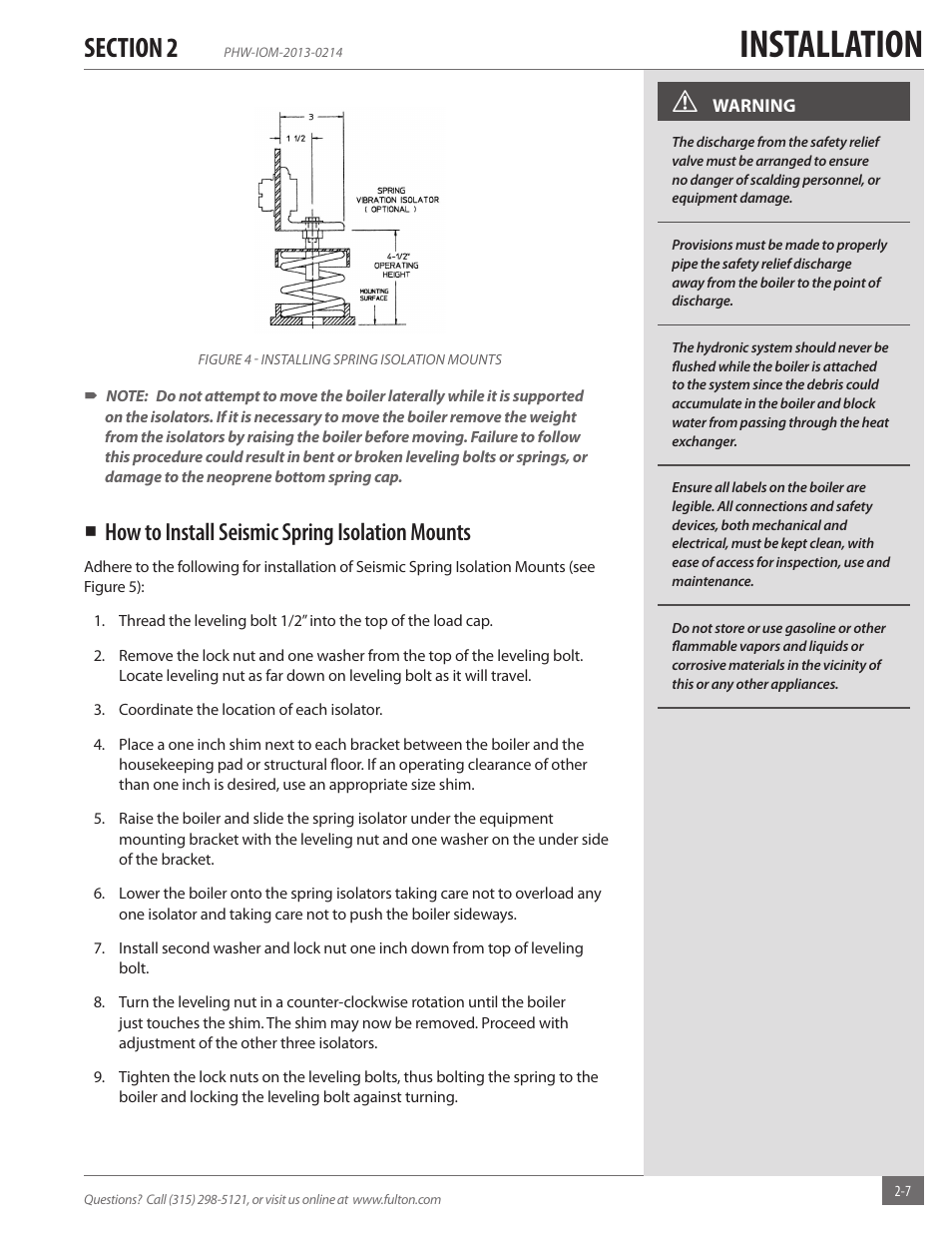 Installation, How to install seismic spring isolation mounts | Fulton Pulse HW (PHW) Fully Condensing Hydronic Boiler User Manual | Page 13 / 84