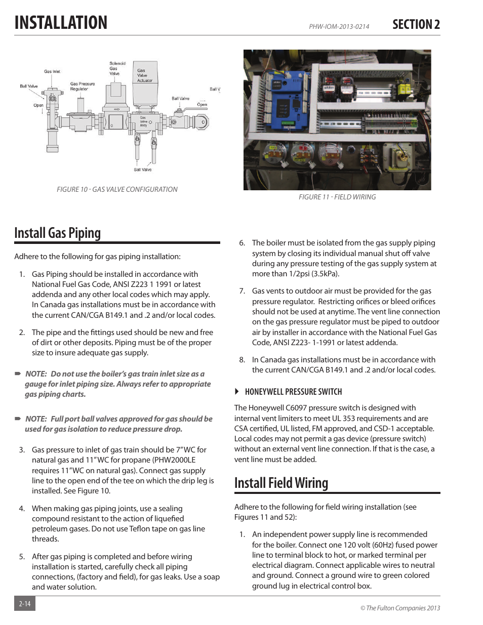 Installation, Install gas piping, Install field wiring | Fulton Pulse HW (PHW) Fully Condensing Hydronic Boiler User Manual | Page 20 / 84