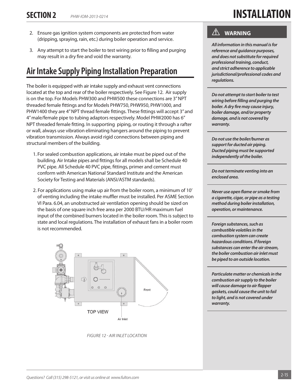 Installation, Air intake supply piping installation preparation | Fulton Pulse HW (PHW) Fully Condensing Hydronic Boiler User Manual | Page 21 / 84