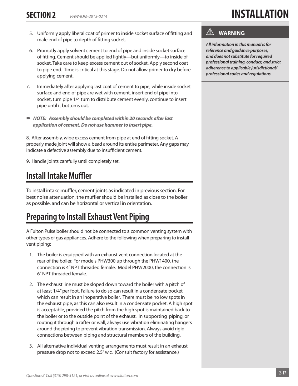 Installation, Install intake muffl er, Preparing to install exhaust vent piping | Fulton Pulse HW (PHW) Fully Condensing Hydronic Boiler User Manual | Page 23 / 84
