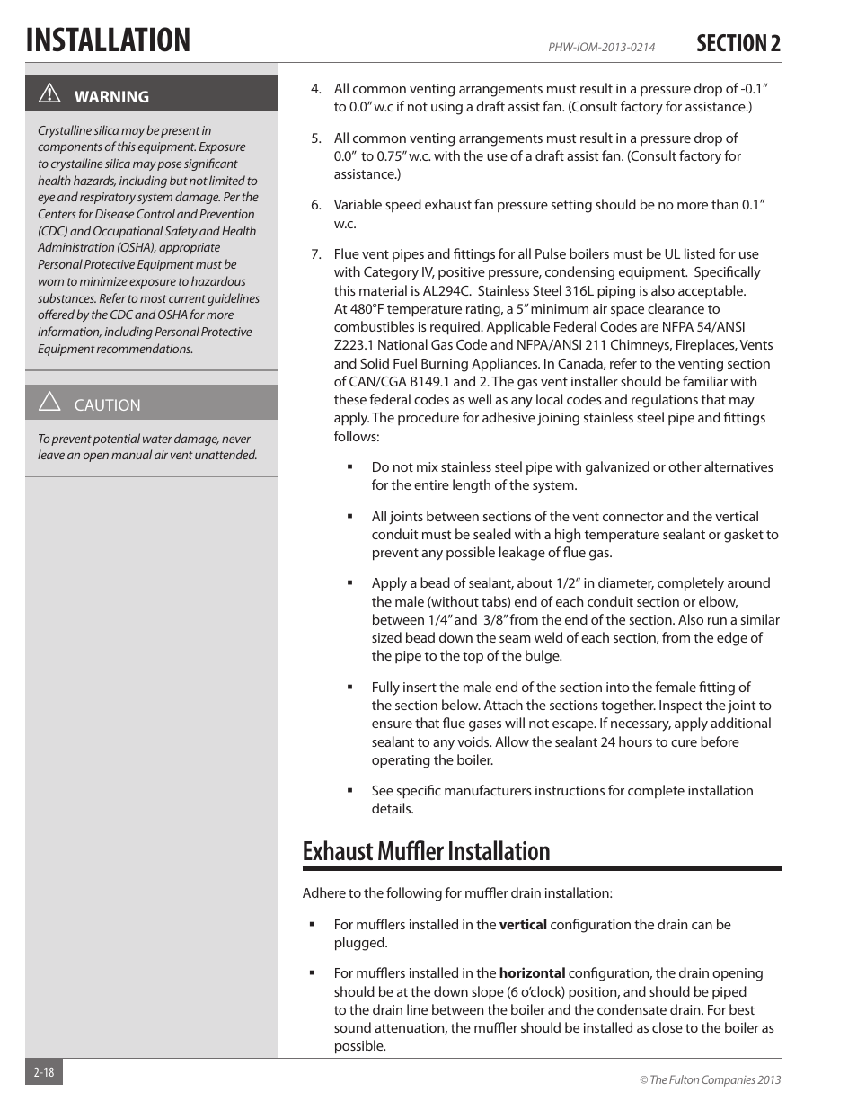 Installation, Exhaust muffl er installation | Fulton Pulse HW (PHW) Fully Condensing Hydronic Boiler User Manual | Page 24 / 84