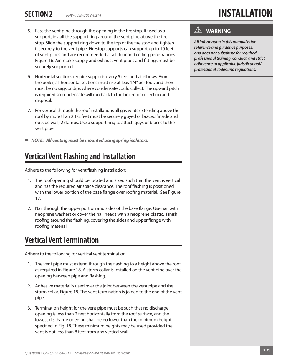 Installation, Vertical vent flashing and installation, Vertical vent termination | Fulton Pulse HW (PHW) Fully Condensing Hydronic Boiler User Manual | Page 27 / 84