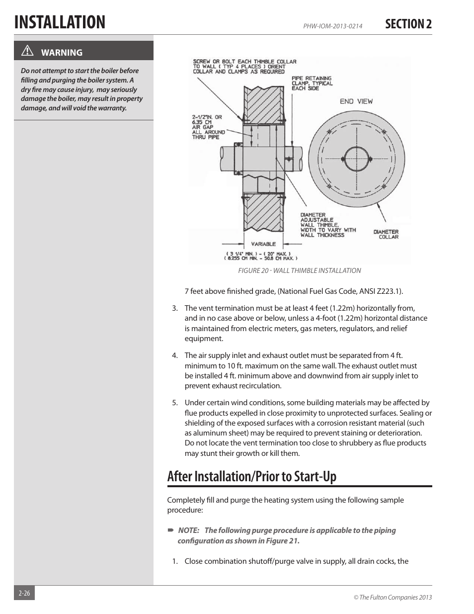 Installation, After installation/prior to start-up | Fulton Pulse HW (PHW) Fully Condensing Hydronic Boiler User Manual | Page 32 / 84