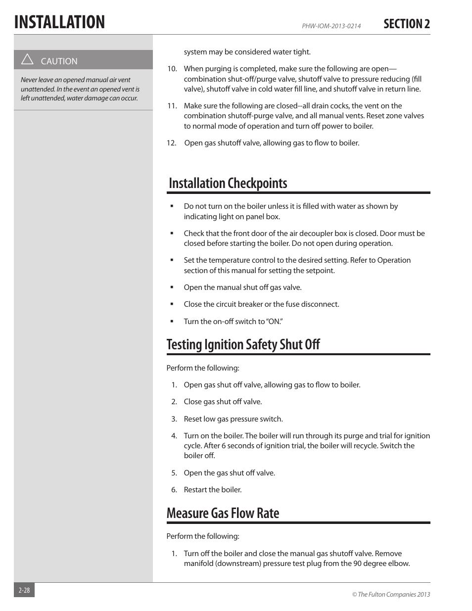 Installation, Installation checkpoints, Testing ignition safety shut off | Measure gas flow rate | Fulton Pulse HW (PHW) Fully Condensing Hydronic Boiler User Manual | Page 34 / 84