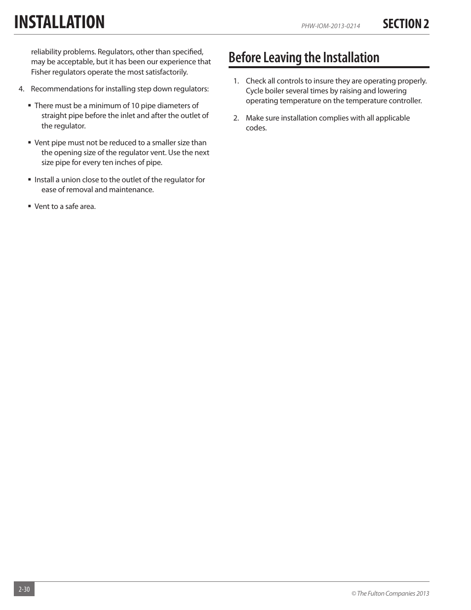Installation, Before leaving the installation | Fulton Pulse HW (PHW) Fully Condensing Hydronic Boiler User Manual | Page 36 / 84