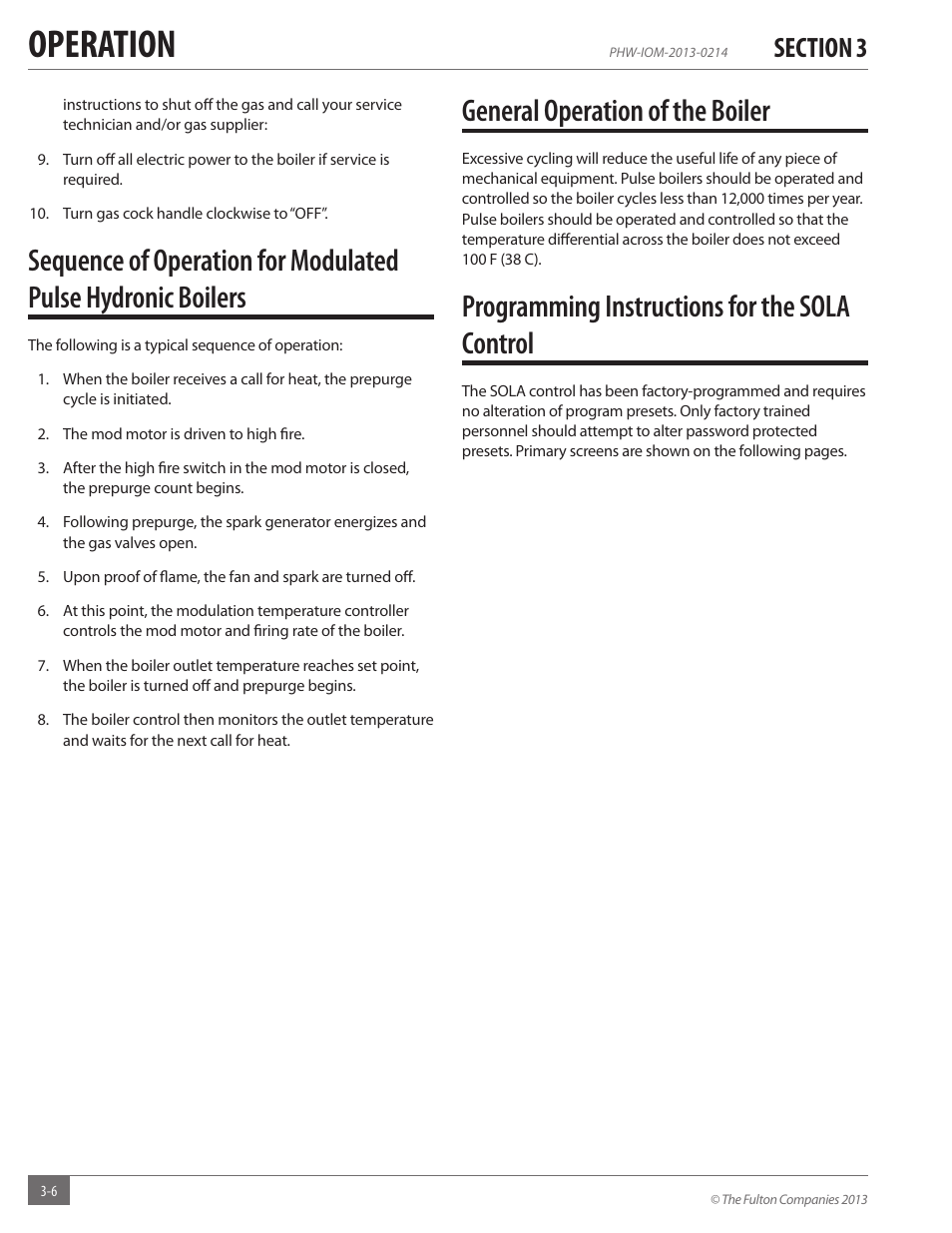 Operation, General operation of the boiler, Programming instructions for the sola control | Fulton Pulse HW (PHW) Fully Condensing Hydronic Boiler User Manual | Page 42 / 84