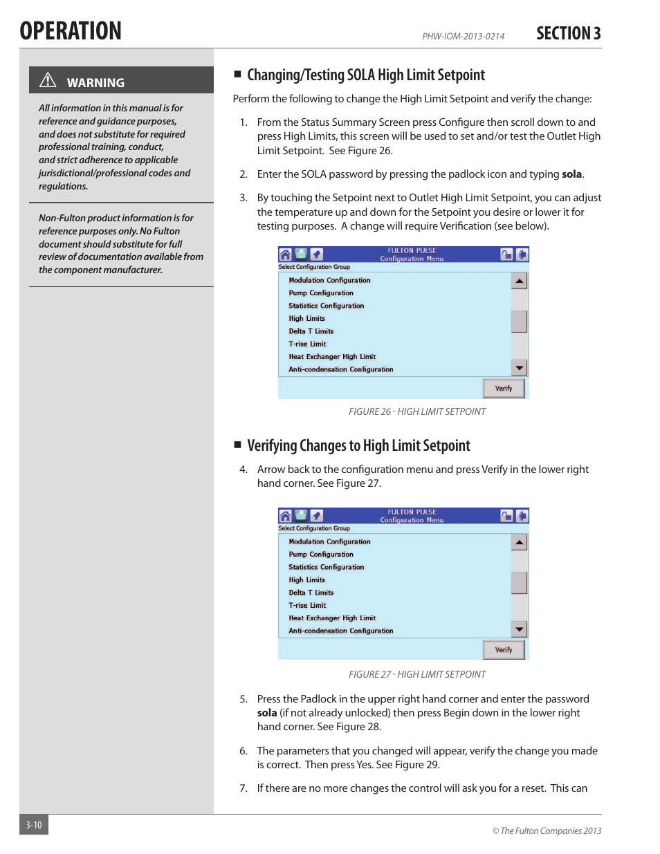 Operation, Changing/testing sola high limit setpoint, Verifying changes to high limit setpoint | Fulton Pulse HW (PHW) Fully Condensing Hydronic Boiler User Manual | Page 46 / 84