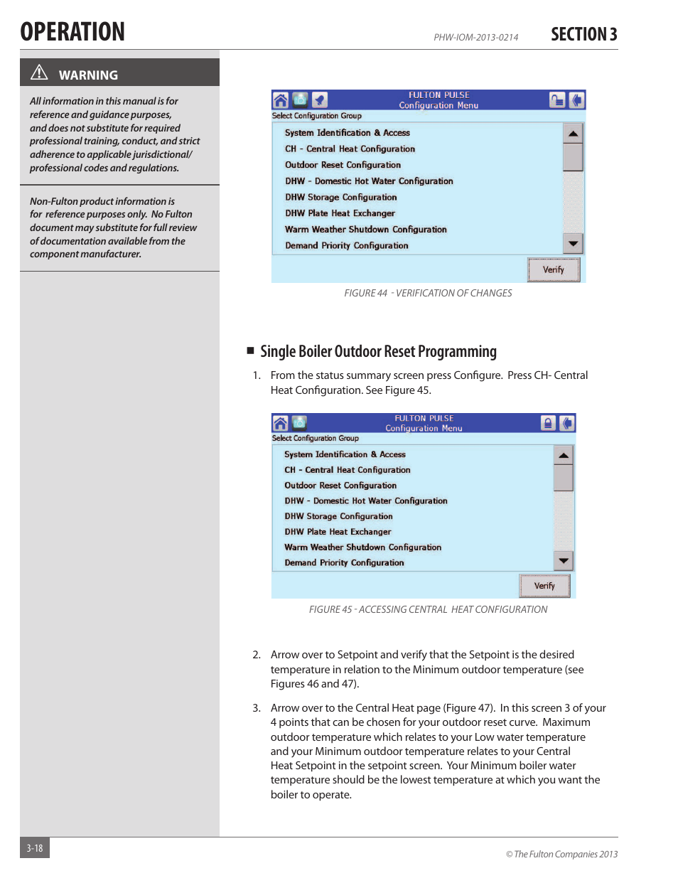 Operation, Single boiler outdoor reset programming | Fulton Pulse HW (PHW) Fully Condensing Hydronic Boiler User Manual | Page 54 / 84